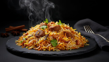 Delicious steaming biryani served on a black plate with a fork and dark background for a gourmet meal