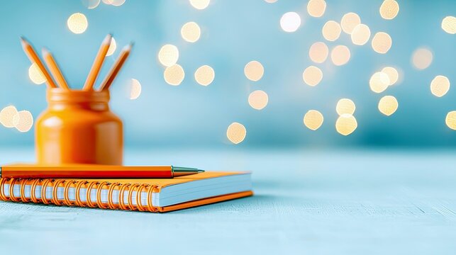 A close-up shot of an orange notebook with a pen and pencils in an orange holder, set against a soft, blurred background of bokeh lights.