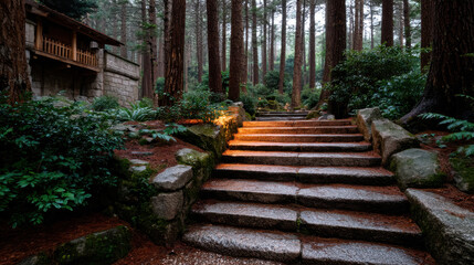 Serene pathway leads off beaten path to tranquil temple surrounded by lush greenery and towering trees, inviting peaceful reflection