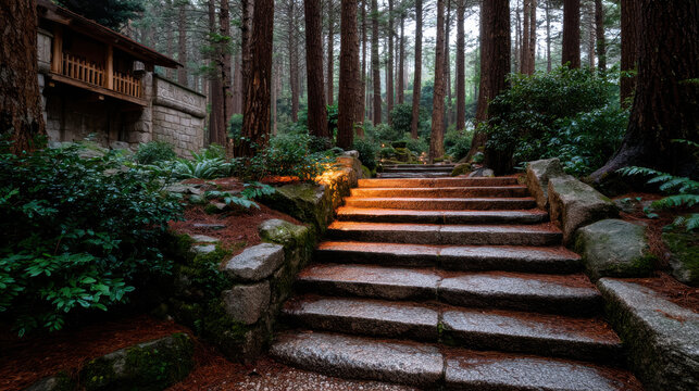 Serene pathway leads off beaten path to tranquil temple surrounded by lush greenery and towering trees, inviting peaceful reflection