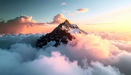 A dramatic mountain peak, covered in snow and ice, rises above a dense layer of soft, pink and white clouds during a vibrant sunrise.