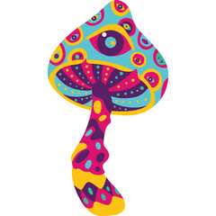 Psychedelic Mushroom With Eye Symbol On Blue Cap And Purple Stem With Pink And Yellow Dots Against Transparent Background