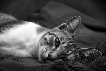 Close up black and white portrait of a relaxed tabby cat