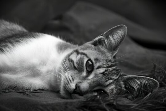 Close up black and white portrait of a relaxed tabby cat