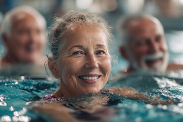 Active seniors participating in water aerobics class at community pool, promoting fitness and social engagement for older adults in a fun environment