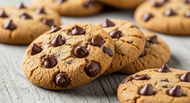 Close up of chocolate chip cookies on a wooden surface for dessert - Powered by Adobe
