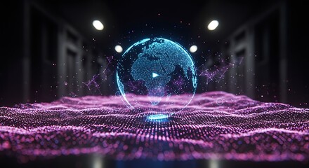 Futuristic depiction of the globe, data waves, and abstract interior