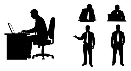 Office Worker Silhouette Vector Illustration Showing Sitting, Typing, Phone, and Presentation Poses in Minimal Business Style

