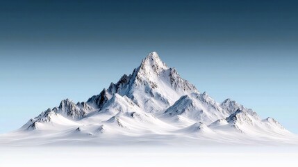 A vast, snow-covered mountain range with sharp peaks and rolling hills under a gradient blue sky.