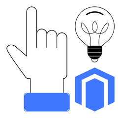 Fototapeta premium Hand pointing upward toward a light bulb symbolizing innovation and hexagonal form suggesting design, development, and creativity. Ideal for innovation, creativity, technology, idea, design