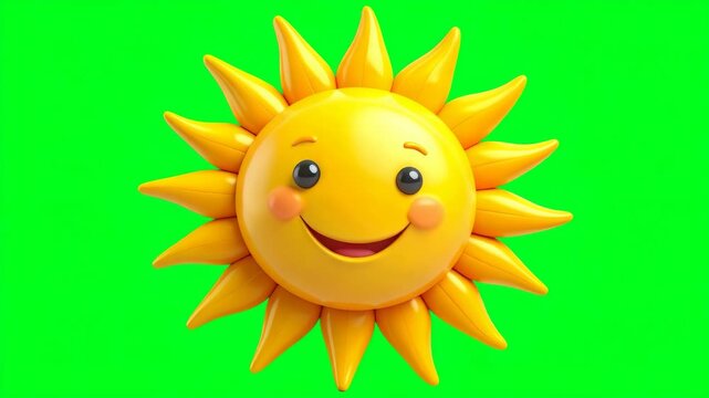 A cheerful, smiling sun-shaped toy with bright yellow rays and a friendly face set against a vibrant green background