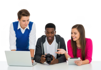 Diverse students collaborate on digital project using laptop camera and vr headset transparent background