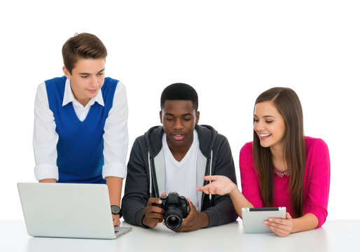 Diverse students collaborate on digital project using laptop camera and vr headset transparent background