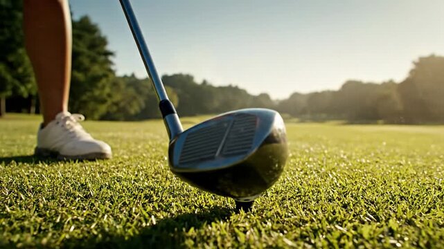 Female Golfer Teeing Off on a Beautiful Green Course at Sunset.
