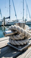 Obraz premium Close up of a rope tied around a mooring post at a marina