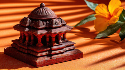 Beautiful orange sky casts shadows over detailed Ganges temple model, surrounded by vibrant flowers, creating serene atmosphere