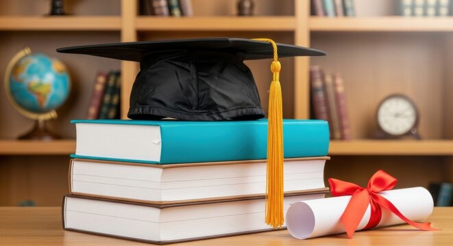 Graduation mortarboard on books with diploma and globe in the background