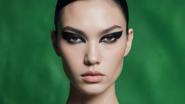 Dramatic Black Eye Makeup on a Model Against a Green Background.