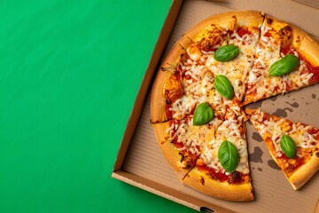 Delicious pizza in a box with basil leaves on a green background for a tasty meal
