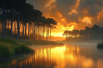 Golden Sunset Reflection on Serene Lake with Trees Silhouetted, and Tranquil Nature Scenery.