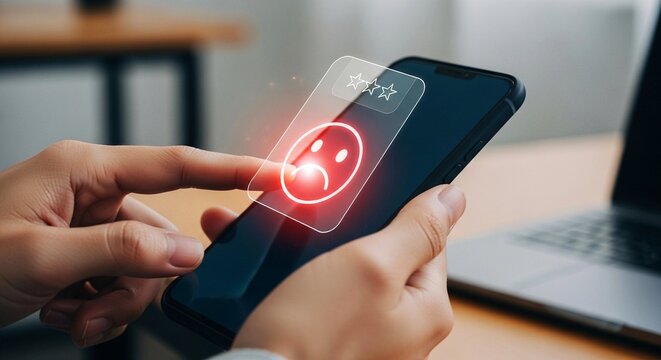 Person giving a one-star negative review with a sad face icon on a smartphone.