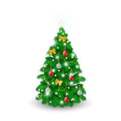 A beautifully decorated christmas tree adorned with glowing lights red and gold ornaments and festive bows set against a dark background with a soft halo