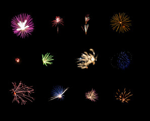 Beautiful light for celebration of Festive colorful fireworks display on night sky, isolated on black background