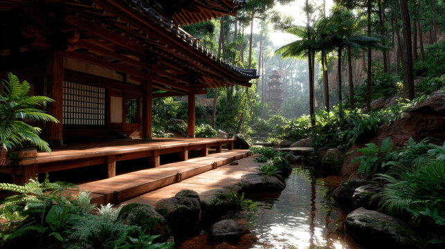 Serene temple off beaten path surrounded by lush greenery and tranquil stream invites peaceful reflection and connection with nature