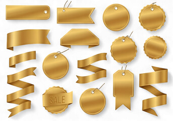 Sophisticated golden ribbons and tags set for elegant branding, exclusive product labeling, and modern promotional campaigns, ideal for luxury sales and premium gift presentations