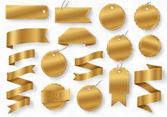 Sophisticated golden ribbons and tags set for elegant branding, exclusive product labeling, and modern promotional campaigns, ideal for luxury sales and premium gift presentations