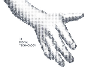 Offering handshake. Hand open and ready to help. Human arm giving. Сascading digital code matrix. 3D vector illustration. Design for banner, flyer, poster, cover or brochure.