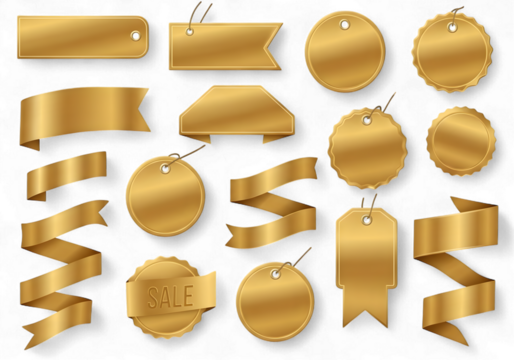 Sophisticated golden ribbons and tags set for elegant branding, exclusive product labeling, and modern promotional campaigns, ideal for luxury sales and premium gift presentations