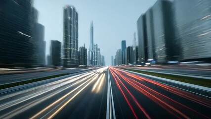 Virtual digital highway technology enhances the landscape of futuristic city building with fast-moving traffic and towering skyscrapers