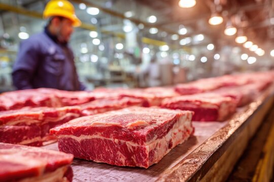 Inspection of freshly cut beef slabs in a large meat processing facility during daylight hours - Powered by Adobe