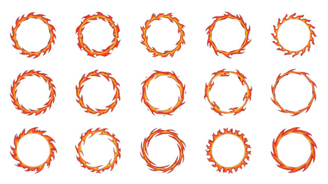 Set of fiery circular frames with flame elements and radiating effects