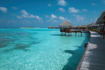 Jetty at Maldivian resort surrounded by clear turquoise water and distant sandy beach under a bright blue sky