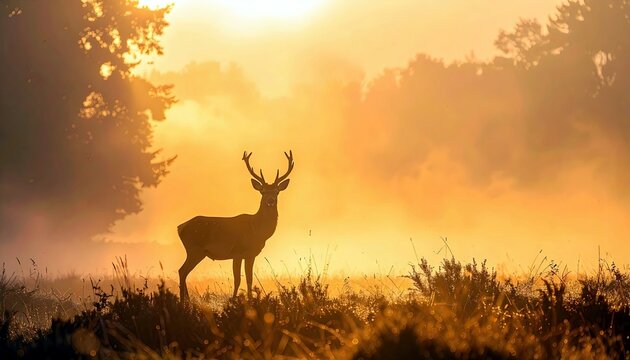 A majestic stag stands in a misty field, silhouetted against a vibrant golden sunrise with trees in the background.