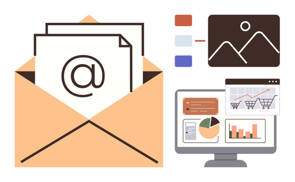 Open envelope with email icon, desktop monitor displaying charts and graphs, image and color scheme guide. Ideal for email marketing, business analytics, communication, digital tools, online - Powered by Adobe