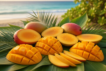 Mangoes cut open and whole on tropical leaves near the beach with ocean in the background scenery view