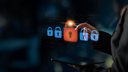 Digital security concept illustrating a cybersecurity breach, with a red unlocked padlock indicating data exposure among secure systems, emphasizing system vulnerability and risk Latch