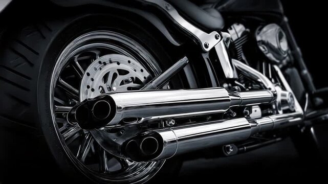 Close-up monochrome shot of a motorcycle's rear, showcasing chrome exhaust pipes and tire