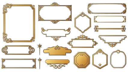 A collection of ornate gold decorative frames, elegant borders, and classic title banners for design © Stock Image Paradise