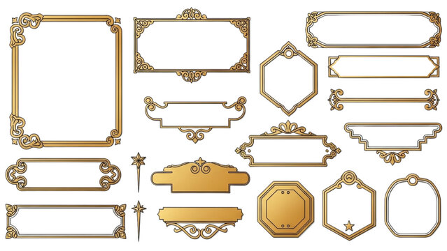A collection of ornate gold decorative frames, elegant borders, and classic title banners for design