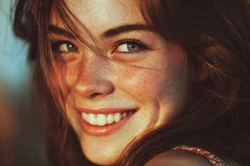 Young woman smiling brightly outdoors in natural light with sun-kissed skin and freckles, capturing a joyful moment during golden hour