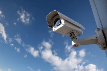 Security camera mounted on a building captures activity in the open sky during the daytime under scattered clouds