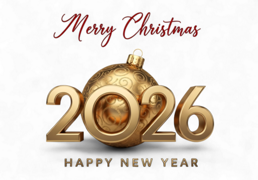 Golden Merry Christmas and Happy New Year 2026 Wishes, Glistening Gold Ornament and Bold Numbers Symbolizing Festive Cheer, Perfect for Holiday Greetings and Celebratory Designs