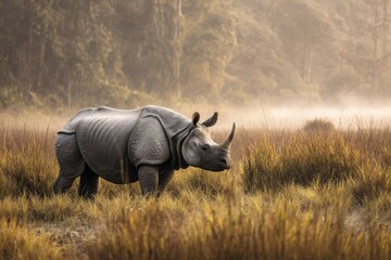 Obraz premium Rhino grazing in the misty grasslands of Kaziranga National Park during early morning hours