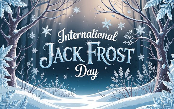 International jack frost day text in a snowy winter forest - Powered by Adobe
