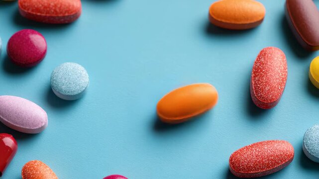 Colorful assortment of pills scattered across a vibrant blue background showcasing different shapes and sizes in a visually appealing arrangement