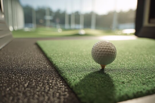 Golf ball on a tee in golf simulator with bright lighting and green turf, ready for a swing in an indoor facility - Powered by Adobe